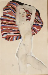 Nakenmodell mot färgat tyg, 1911