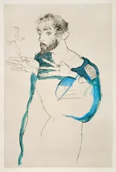 Målaren Gustav Klimt i sin blå målarrock (gouache  blyerts)