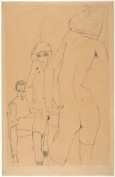 Schiele med naken modell framför spegeln, 1910