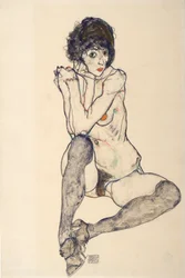 Sittande kvinnlig nakenmodell, armbågarna vilande på höger knä, 1914