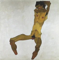 Sittande naken man (självporträtt) - Schiele, Egon (1890-1918) - 1910 - Olja på duk - 152,5x150 - Leopold Museum, Wien
