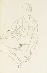 Sittande kvinnlig naken med öppen blus, 1913