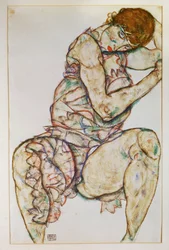 Sittande kvinna med vänster hand i håret (gouache och blyerts)