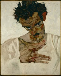 Självporträtt med sänkt huvud - Egon Schiele, självporträtt med böjt huvud (olja på trä)