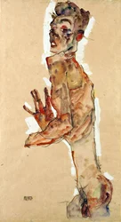 Självporträtt med spridda fingrar - Schiele, Egon (1890-1918) - 1911 - Svart krita, Gouache på papper - 52,5x28 - Leopold Museum, Wien