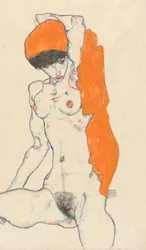 Stående akt med orange draperi, framsida: studie av akt med höjda armar, baksida, 1914