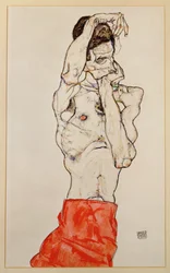 Stående manlig naken med rött höftskynke (gouache, akvarell och blyerts)