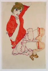 Wally in roter Bluse mit erhobenen Knien (gouache, akvarell och blyerts)