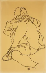 Ung man som lutar tillbaka med huvudet vilande på hans korsade ben; Lutande pojke med huvudet upprätt och vänster ben i kors, 1918