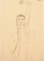 Ung man med höjd arm och röd mun; Självporträtt med upphöjd vänster arm och röd mun, 1909