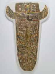Målat mumieöverdrag (förkläde), 305-30 f.Kr. (linne, gesso, färg och förgyllning)