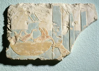 Relief som visar en räd av ett hundliknande djur på ett fågelbo, från kung Montuhotep II:s begravningstempel, Middle Kingdom (målad kalksten)