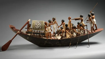 Modell Sporting Boat from the Tomb of Meketre, c.1981–1975 B.C. (putsat och målat trä, linne, linnegarn, koppar)