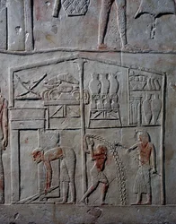 Arrangemang av livsmedel i lagerlokaler, väggrelief i kalksten, från Horemhebs memfitiska grav i Saqqara, Egyptisk civilisation, Nya riket, XVIII:e dynastin
