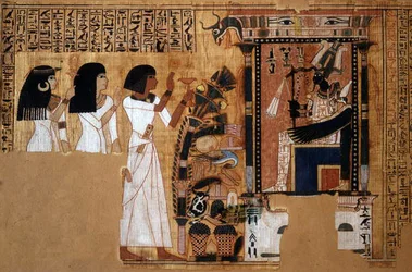 De dödas bok av den skriftlärde Nebqed, detalj av de avlidna inför Osiris, Nya riket, ca 1400 f.Kr. (papyrus)