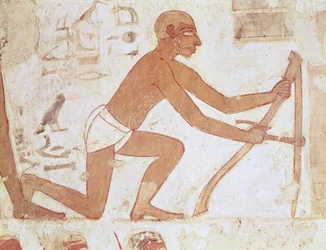 Konstruktion av en vägg, detalj av en man med en hacka, från graven av Rekhmire, vizier av Tuthmosis III och Amenhotep II, New Kingdom (väggmålning) (detalj av 157750)