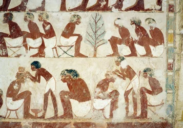 Klippning av soldaternas hår, fresk, sydvägg, västra tvärkammaren, Userhats grav, lärare och skriftlärare under Amenhotep II:s regeringstid, även känd som grav TT56, Sheikh Abd el-Qurna, Thebe. Egyptisk civilisation, Nya kungariket, dynasti XVIII.