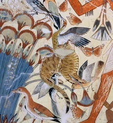 Detalj av en katt, från Nebamun på jakt i träsken med sin hustru och dotter, del av en väggmålning från Nebamuns gravkapell, Thebe, Nya riket, ca 1350 f.Kr.