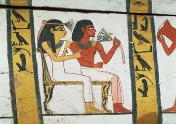 Detalj av dekorationen av en sarkofag av The Lady of Madja, New Kingdom, ca 1450 f.Kr. (målat trä)