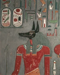 Egypten, forntida Thebe, kungarnas dal, väggmålning av Anubis vid Horemhebs grav