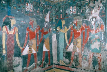Egypten, Thebe, Luxor, Konungarnas dal, Horemhebs grav, Muralmålning föreställande Horemheb mellan gudinnan Isis och guden Horus, Nya riket, XVIII:e dynastin