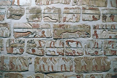 Egypten, Thebe, Luzor, Karnaktemplen, Talatat-väggen från Amenhotep IV:s tempel