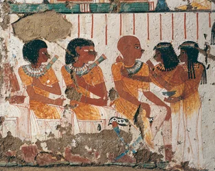 Egypten, West Thebes Assassif Necropolis, Nenamons grav och Ipuki. Fresk föreställande erbjudanden av halsband till avlidna. (Nya kungariket, dynasti XVIII)