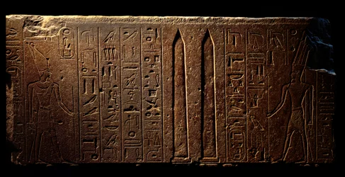 Egyptisk antikvitet: detalj av en graverad fresk föreställande drottning Hatshepsut (vänster) och två obelisker vid Amons tempel - år 15 av hennes regeringstid (1475-1468 f.Kr.) 18:e dynastin - Luxor, egyptiska konstmuseet