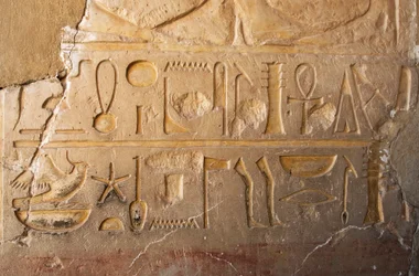 Egyptisk antikvitet: detalj av en inskription med patron och hieroglyfer som representerar långt liv och välstånd. Tempel tillägnat drottning Hatshepsut (Hatshepsut) (1479 f.Kr. - 1457 f.Kr.) Deir el Bahari, Egypten