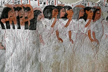 Egyptisk antikvitet: procession av gråt. Målning av Roys grav (TT255). 18:e dynasti. Från västbanken av Luxor, Egypten