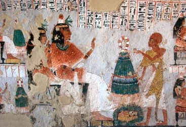 Egyptisk antikvitet: representation av Roy och hans fru Nebtawy inför en överstepräst. Målning av Roys grav (TT255). 18:e dynasti. Från västbanken av Luxor, Egypten