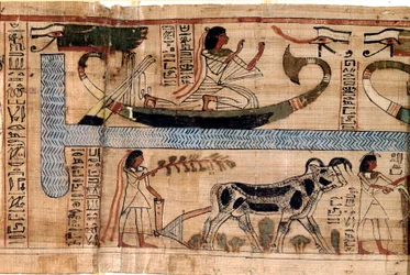 Egyptisk antikvitet: namnet på den sene Aner representerar på Osiris båt, scenen för plöjning och vägning av själar (psykostas). Papyrus från en dödsbok, 20:e dynastin, från Thebe. Turin, egyptisk museum - Forntida Egypten: de avlidnas namn