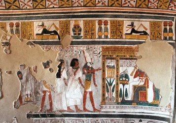 Egyptisk antikvitet: Horus guidar Roy och hans fru till Osiris. Fragment av fresk från Roys grav (TT255). 18:e dynasti. Från Västbanken i Luxor, Egypten