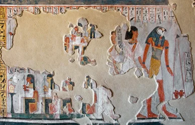 Egyptisk antikvitet: Horus guidar Roy och hans fru till hjärtans pess. Fragment av fresk från Roys grav (TT255). 18:e dynasti. Från västbanken av Luxor, Egypten
