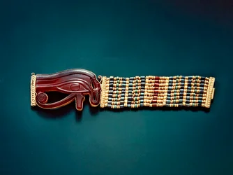 Flexibelt pärlarmband, från Tutankhamons grav, New Kingdom (guld och karneol med guld, fajans och glaspärlor) (se även 391011-12)