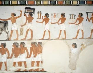 Begravningsprocessen, detalj från fresker i kapellet av Mennas grav, Sheikh Abd el Qurnah Necropolis, Luxor, Thebe (Unescos världsarvslista