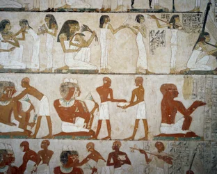 Begravningsfest med kvinnliga musiker, damer som pryder sig med smycken, män och musiker, Tomb of Rekhmire, Sheikh Abd el Qurnah Necropolis, Luxor, Thebe (Unescos världsarvslista