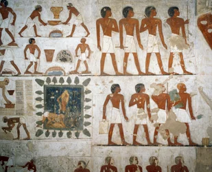 Metallbearbetning och tegeltillverkning, detalj från fresker i Tomb of Rekhmire, Sheikh Abd el Qurnah Necropolis, Luxor, Thebe (Unescos världsarvslista