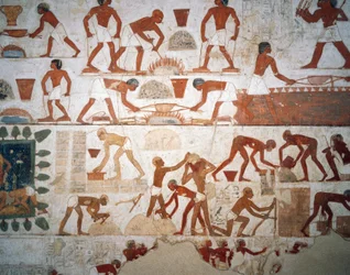 Metallbearbetning och tillverkning av lersten, fresk, kapell, Tomb of Rekhmire (TT100), Sheikh Abd el-Qurna, Thebe (Unescos världsarvslista