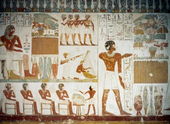 Musiker, detalj från fresker i Tomb of Userhat, Sheikh Abd el Qurnah Necropolis, Luxor, Thebe (Unescos världsarvslista