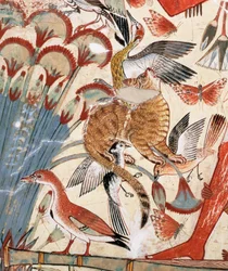 Nebamun jagar i kärren med sin fru en dotter, en del av en väggmålning från gravkapellet i Nebamun, Thebe, New Kingdom, ca 1350 f.Kr. (målad gips) (detalj av 3748)