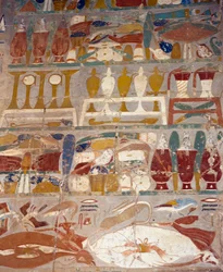 Offer- och parfymkrukor mellan Anubis och Hatshepsut, väggmålning, Anubiskapellet, Hatshepsuts dödstempel, Deir el-Bahari, den thebanska nekropolen (Unescos världsarvslista