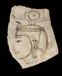 Ostrakon med porträtt av farao Amenhotep I, vördad beskyddare av hantverkarna i Deir el Medina ...
