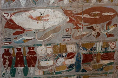 Målad basrelief, drottning Hatshepsuts dödstempel, Djeser-Djeseru (det allra heligaste), Deir el-Bahri, Luxor, Thebe (Unescos världsarvslista)