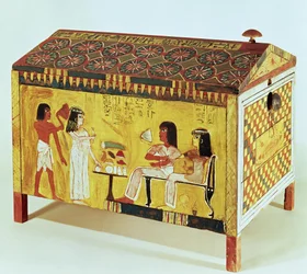 Målad kista med en bankettscen från Khas grav (d.c.1390-52 f.Kr.) som hittades i Deir el-Medina, New Kingdom (trä)