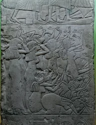 Målad kalkstensrelief föreställande begravningsklagan över farao, från kung Horemhebs grav