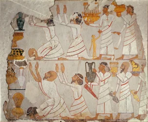 Del av en målad gravvägg som visar asiatiska hyllningsbärare, ca 1400 f.Kr. (målad gips på sten)