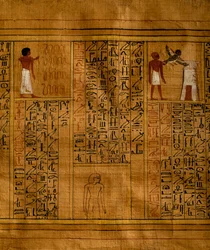 Del av dödsbok med text i vertikala kolumner av hieroglyfer och inlagor med polykroma illustrationer, papyrus, 34cm x 14cm, från Kha-graven i Deir el-Medina, Egyptisk civilisation, Nya riket, XVIII:e dynastin