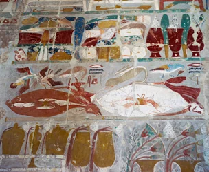 Proviant och keramik som drottning Hatshepsut offrade till gudarna, målad relief, Anubiskapellet, drottning Hatshepsuts dödstempel, även känt som Djeser-Djeseru, Deir el-Bahri, Thebe. Egyptisk civilisation, Nya riket, XVIII:e dynastin