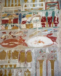 Proviant och keramik som drottning Hatshepsut offrade till gudarna, målad relief, Anubiskapellet, drottning Hatshepsuts dödstempel, även känt som Djeser-Djeseru, Deir el-Bahri, Thebe. Egyptisk civilisation, Nya riket, XVIII:e dynastin
